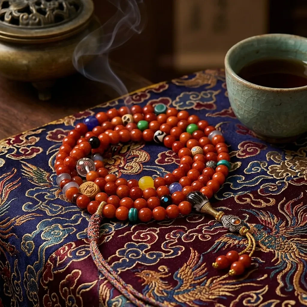 Natural Red Agate Mala Beads 8mm Tibetan Buddhist Prayer Rosary Necklace Vintage Spiritual Meditation Wrap Bracelet with Wealth Pendant - Image 3