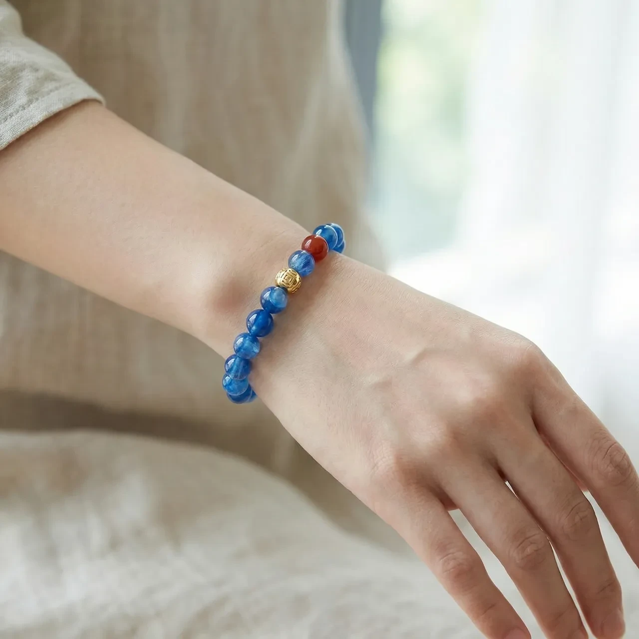 Natural Kyanite Gemstone Bracelet for Women, 6mm Blue Crystal Beaded Healing Stretch Bracelet with Gold Fu Good Luck Charm, Pilates Meditation Yoga Energy Jewelry - Image 2