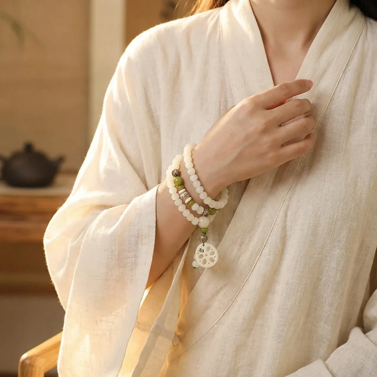 Natural White Jade Bodhi Seed 108 Mala Beads Bracelet Necklace for Women Men, Buddhist Prayer Rosary Zen Meditation Yoga Jewelry with Lotus Pendant, Spiritual Healing Wrap Bracelet - Image 3
