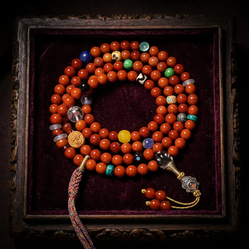 Natural Red Agate Mala Beads 8mm Tibetan Buddhist Prayer Rosary Necklace Vintage Spiritual Meditation Wrap Bracelet with Wealth Pendant - Image 2