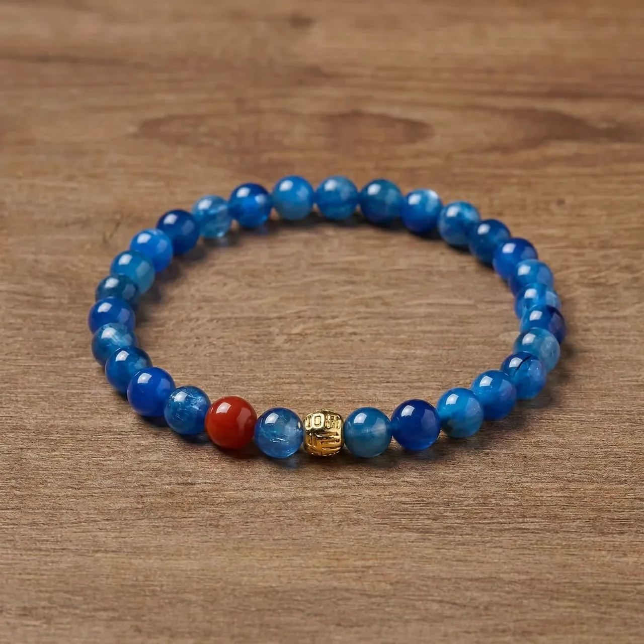 Natural Kyanite Gemstone Bracelet for Women, 6mm Blue Crystal Beaded Healing Stretch Bracelet with Gold Fu Good Luck Charm, Pilates Meditation Yoga Energy Jewelry