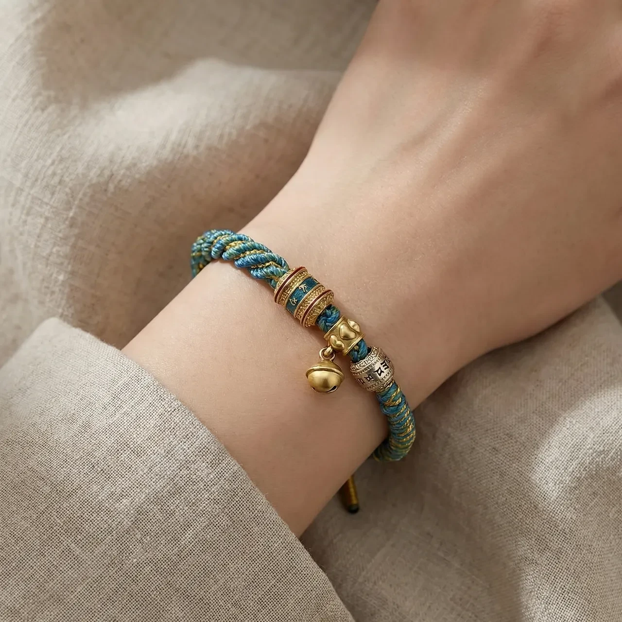 Handmade Tibetan Braided Cotton Rope Bracelet Ethnic Bohemian Lucky String Buddhist Mantra Bead Bell Charm Spiritual Meditation Jewelry Gift for Women Men Green - Image 2