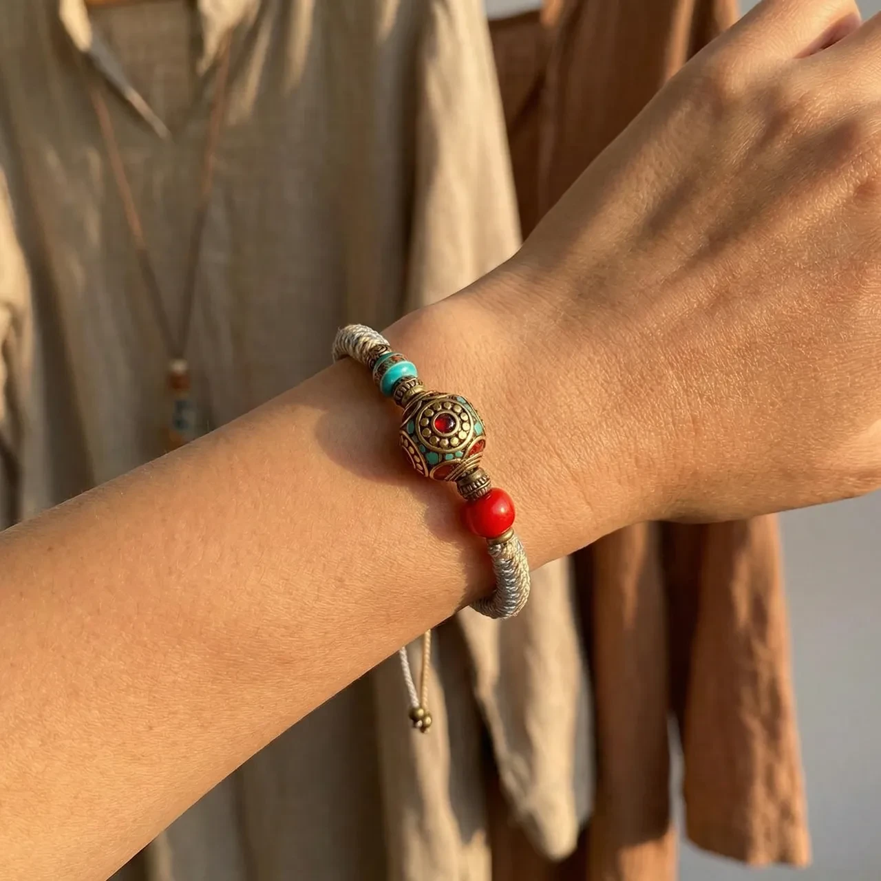Handmade Tibetan Braided Bracelet Vintage Boho Rope Bracelet with Turquoise Amulet Beads Adjustable Spiritual Healing Yoga Jewelry for Men Women Magic Rune - Image 3
