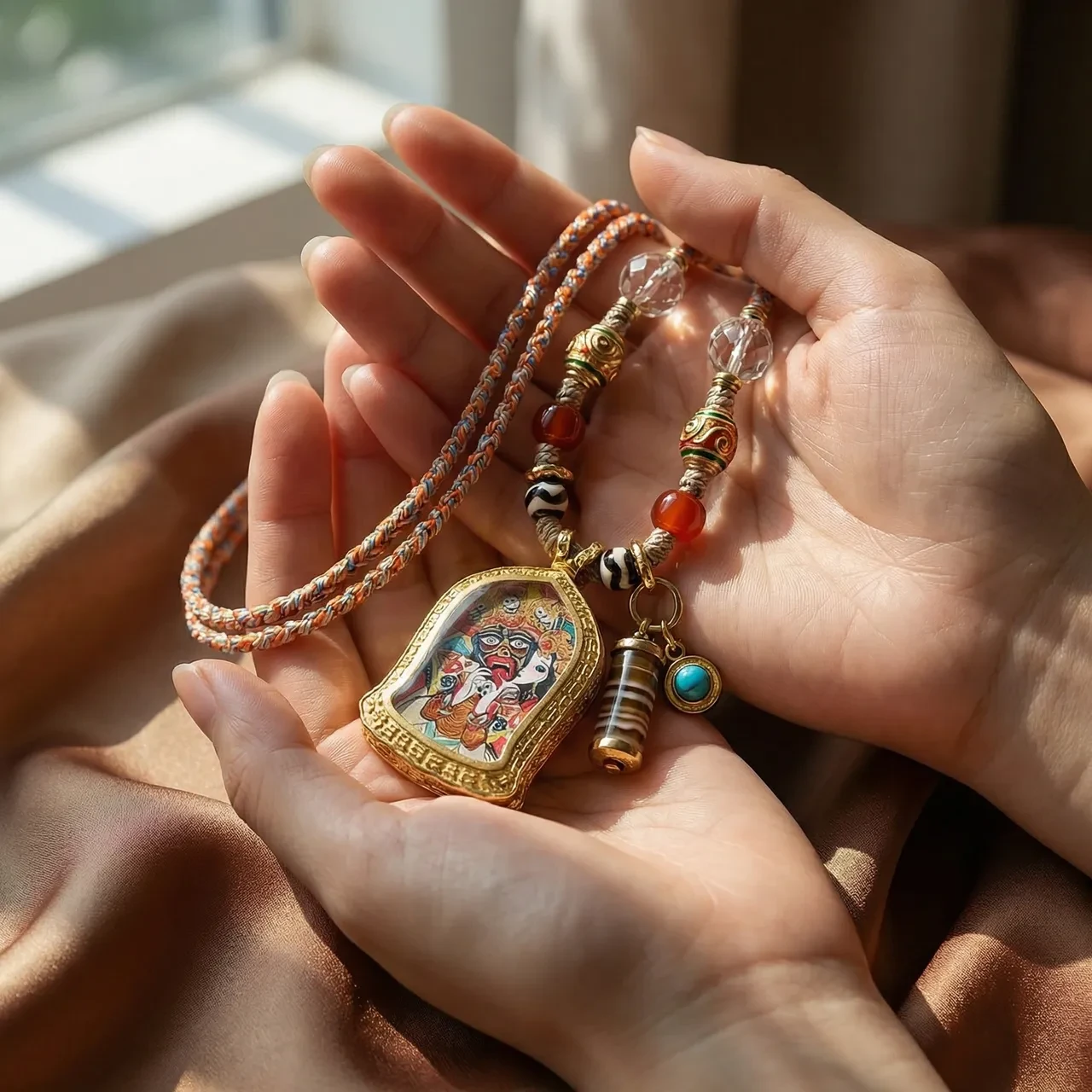 Handmade Tibetan Thangka Pendant Necklace for Women Men Adjustable Braided Rope Chain Vintage Ghau Box Amulet Spiritual Buddhist Jewelry for Meditation Yoga Ethnic Bohemian Clavicle Choker - Image 3