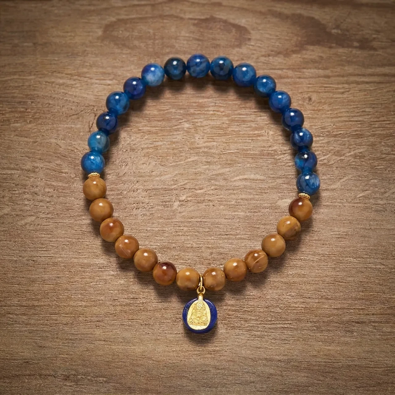 Natural 6mm Blue Kyanite and Bodhi Seed Beaded Bracelet for Women Tibetan Deity Wealth Amulet Healing Crystal Jewelry for Yoga Pilates Meditation