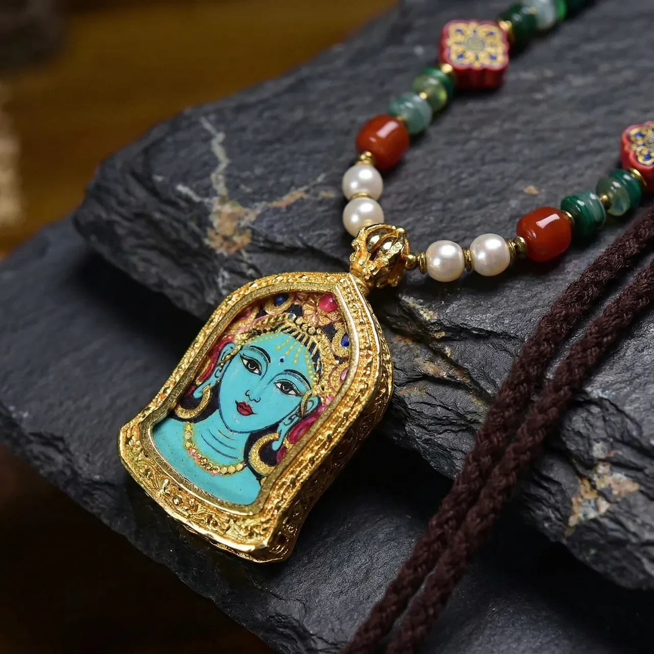 Tibetan Green Tara Necklace Thangka Pendant Long Sweater Chain Hand-Woven Rope Spiritual Amulet Vintage Ethnic Buddhist Jewelry for Women Men - Image 4