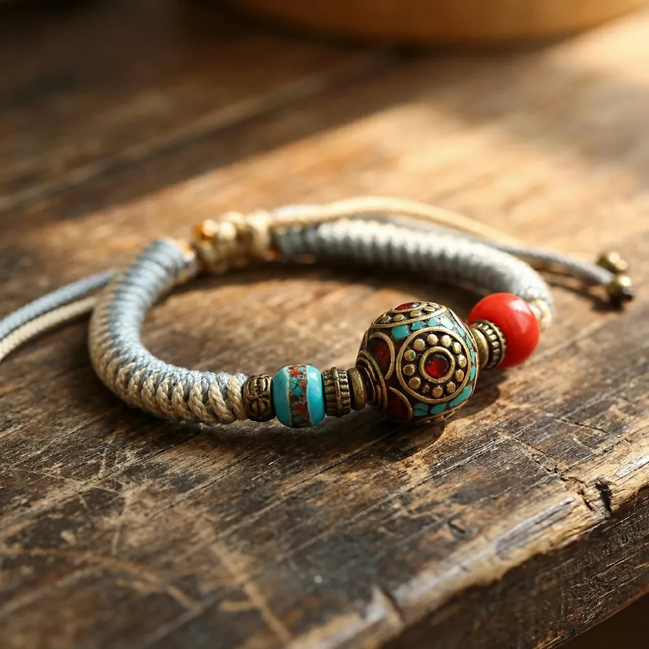 Handmade Tibetan Braided Bracelet Vintage Boho Rope Bracelet with Turquoise Amulet Beads Adjustable Spiritual Healing Yoga Jewelry for Men Women Magic Rune - Image 5