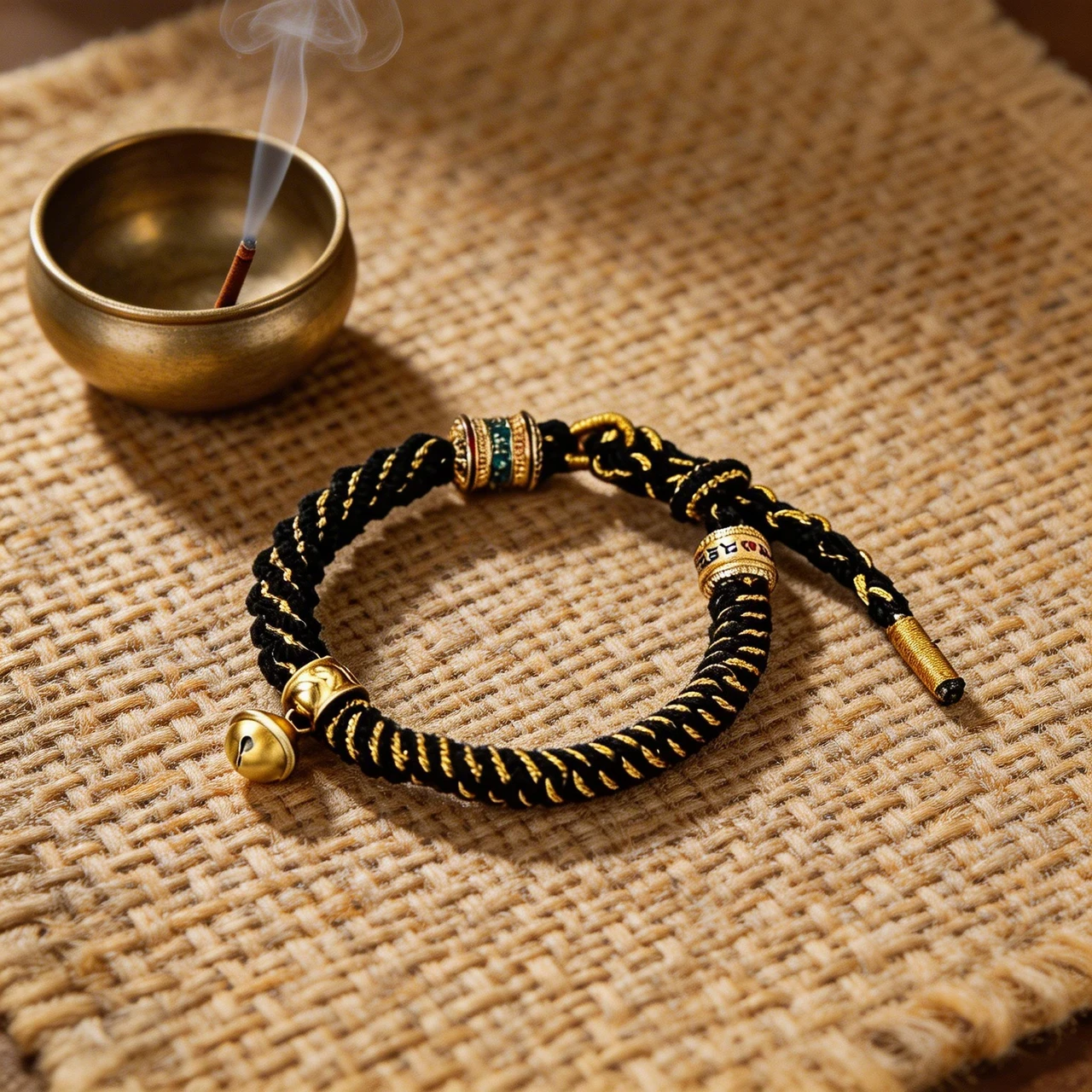 Handmade Tibetan Braided Rope Bracelet Black Gold Cotton Cord Lucky Knot Wristband Spiritual Buddhist Amulet Meditation Yoga Jewelry with Vintage Bell Charm - Image 3