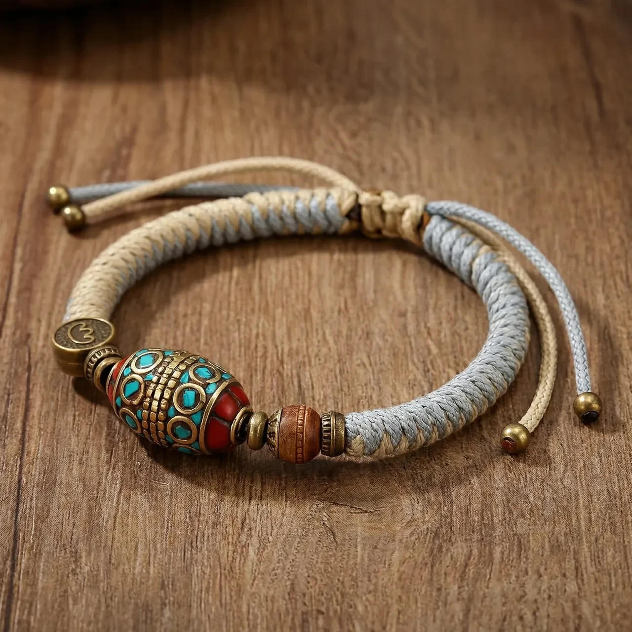 Handmade Braided Bracelet Tibetan Vintage Boho Woven Wristband Adjustable Macrame Cord with Ethnic Turquoise Beads Spiritual Yoga Meditation Friendship Jewelry Gift for Men Women
