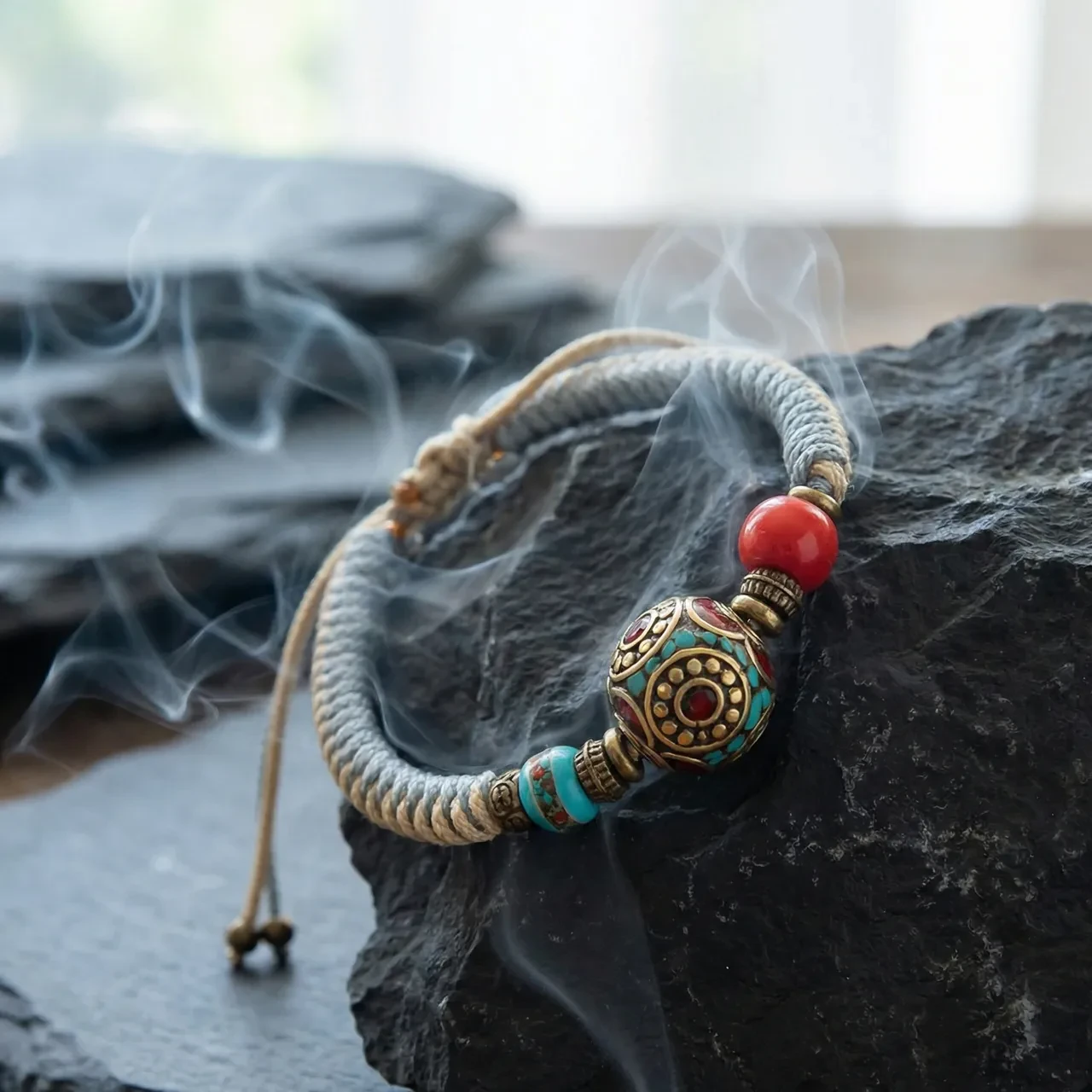 Handmade Tibetan Braided Bracelet Vintage Boho Rope Bracelet with Turquoise Amulet Beads Adjustable Spiritual Healing Yoga Jewelry for Men Women Magic Rune - Image 4