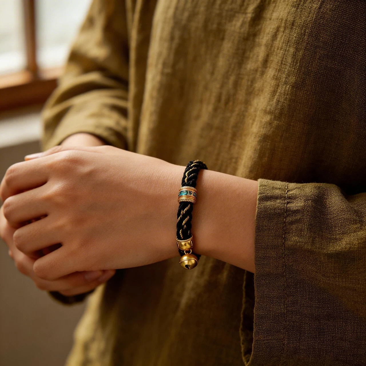 Handmade Tibetan Braided Rope Bracelet Black Gold Cotton Cord Lucky Knot Wristband Spiritual Buddhist Amulet Meditation Yoga Jewelry with Vintage Bell Charm - Image 2