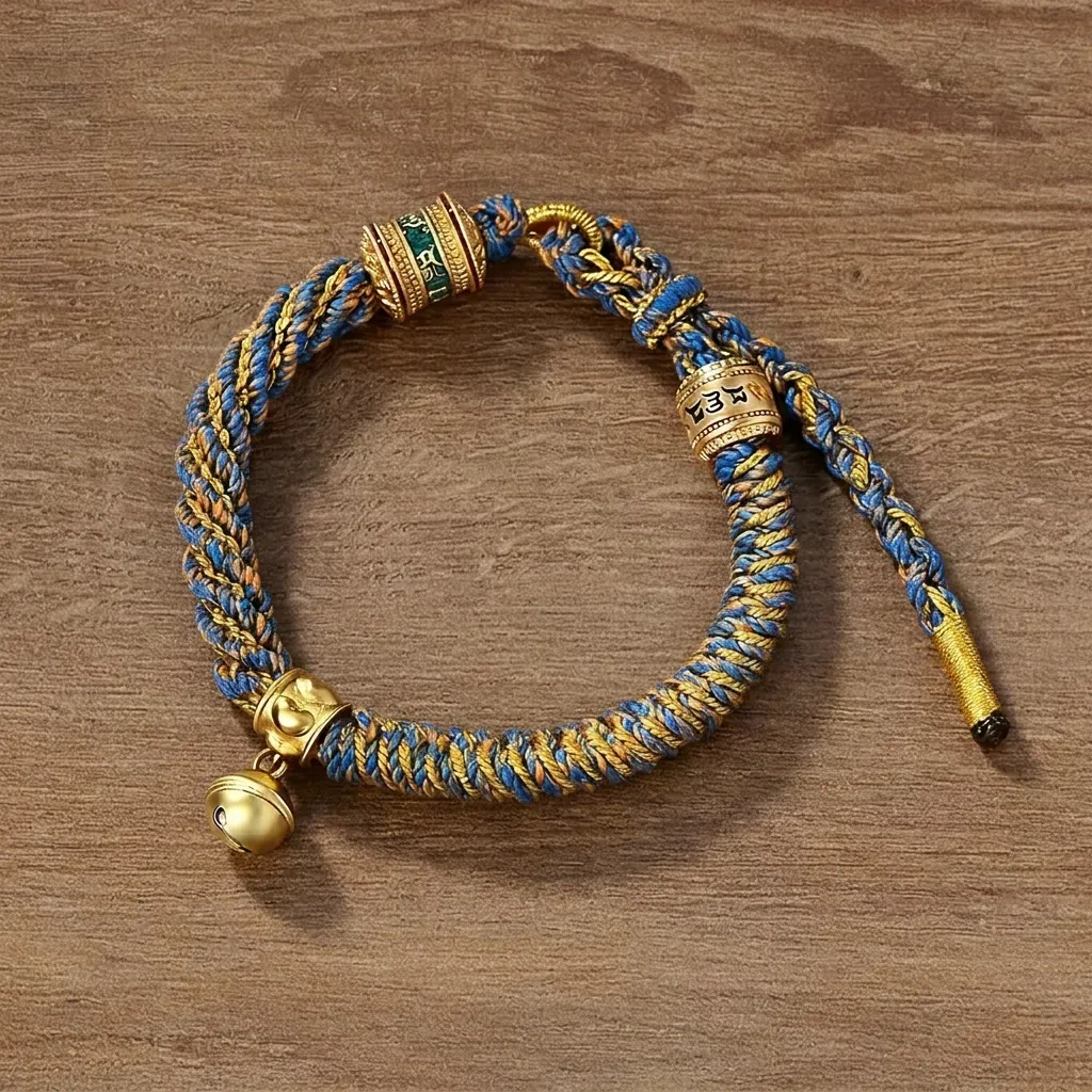 Handmade Tibetan Braided Bracelet Cotton Cord Woven Amulet Bracelet with Vintage Bell Charm Lucky Jewelry for Yoga Meditation Men Women Blue