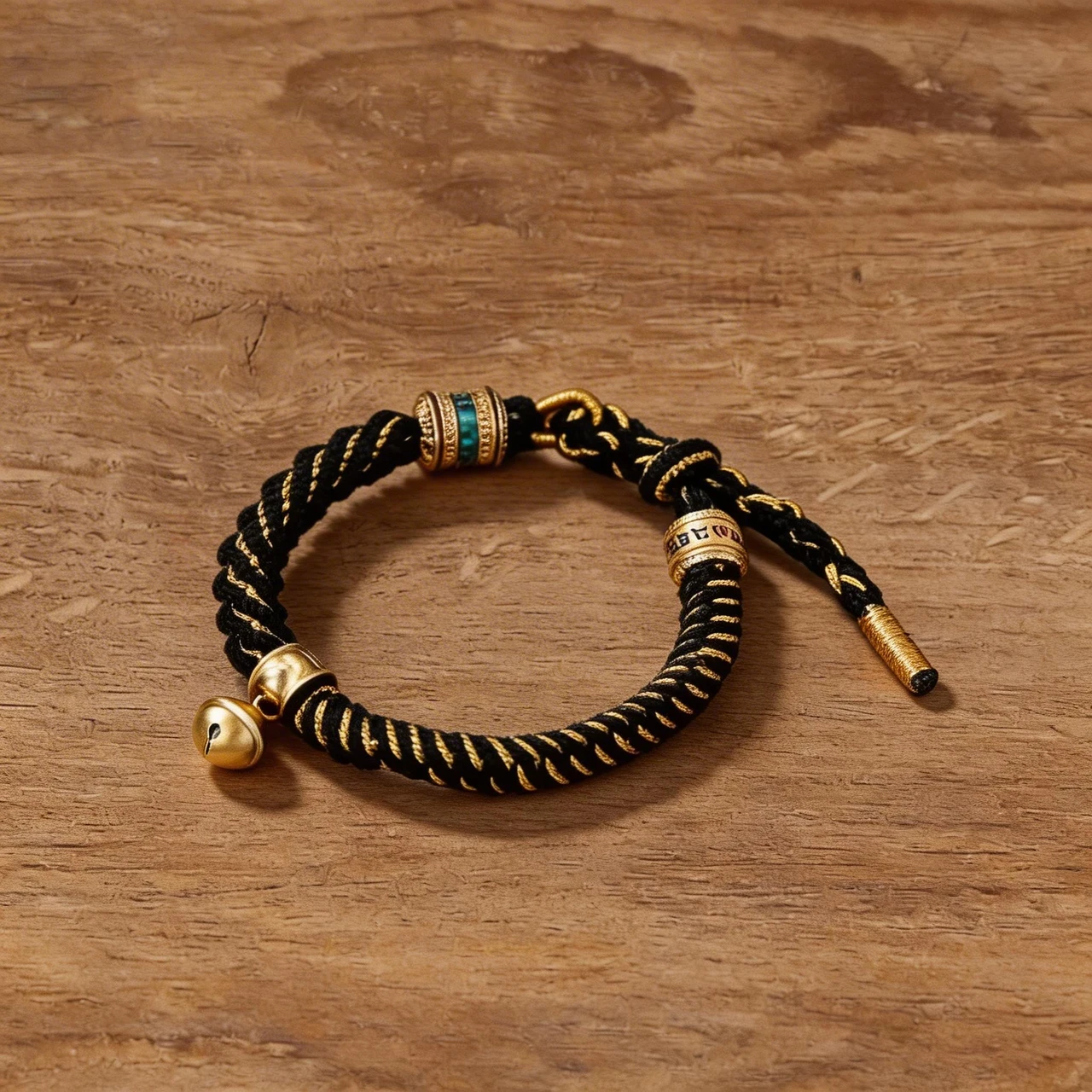 Handmade Tibetan Braided Rope Bracelet Black Gold Cotton Cord Lucky Knot Wristband Spiritual Buddhist Amulet Meditation Yoga Jewelry with Vintage Bell Charm