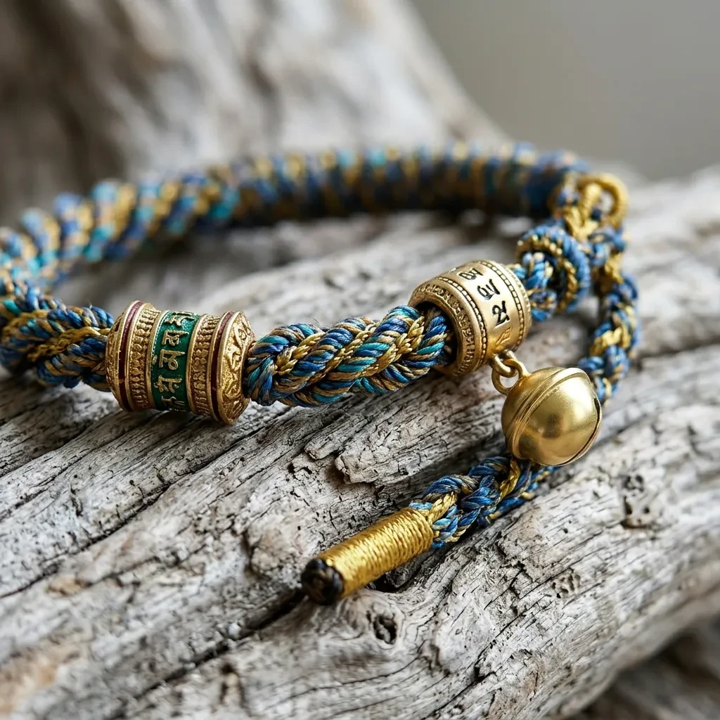 Handmade Tibetan Braided Bracelet Cotton Cord Woven Amulet Bracelet with Vintage Bell Charm Lucky Jewelry for Yoga Meditation Men Women Blue - Image 4