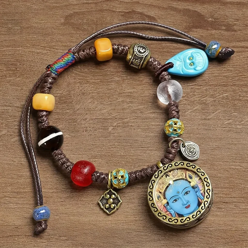 Handmade Tibetan Green Tara Amulet Bracelet Vintage Braided Rope Thangka Pendant Spiritual Prayer Healing Jewelry Adjustable Meditation Wristband