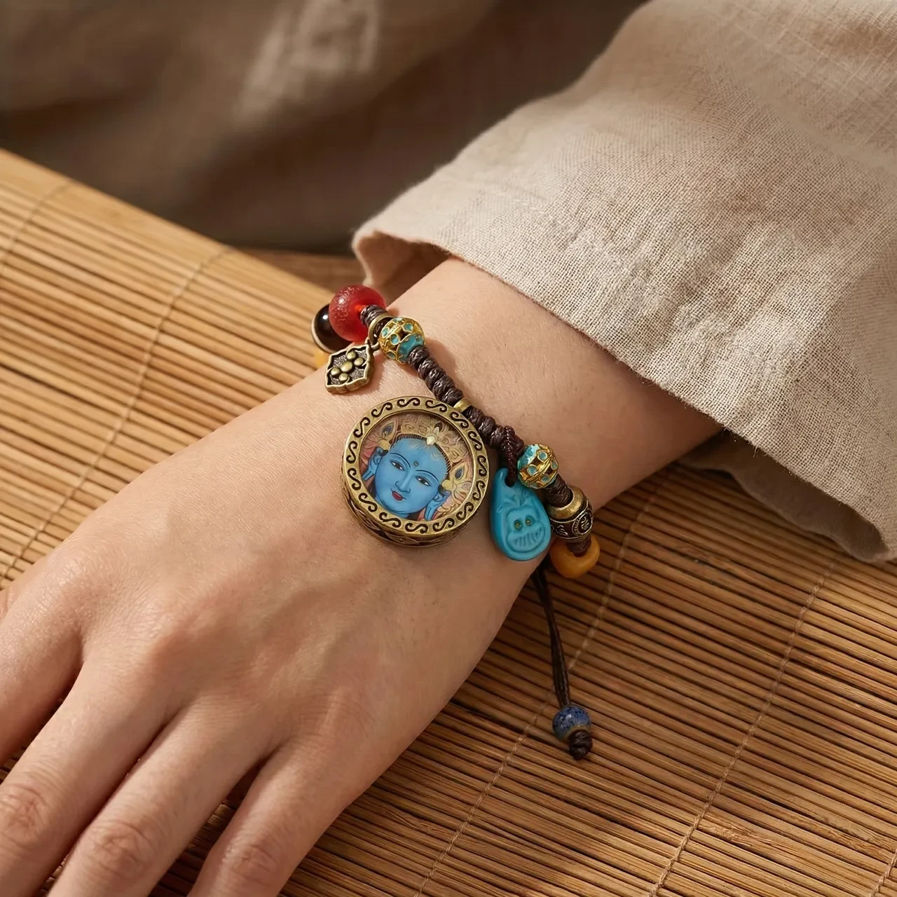 Handmade Tibetan Green Tara Amulet Bracelet Vintage Braided Rope Thangka Pendant Spiritual Prayer Healing Jewelry Adjustable Meditation Wristband - Image 3