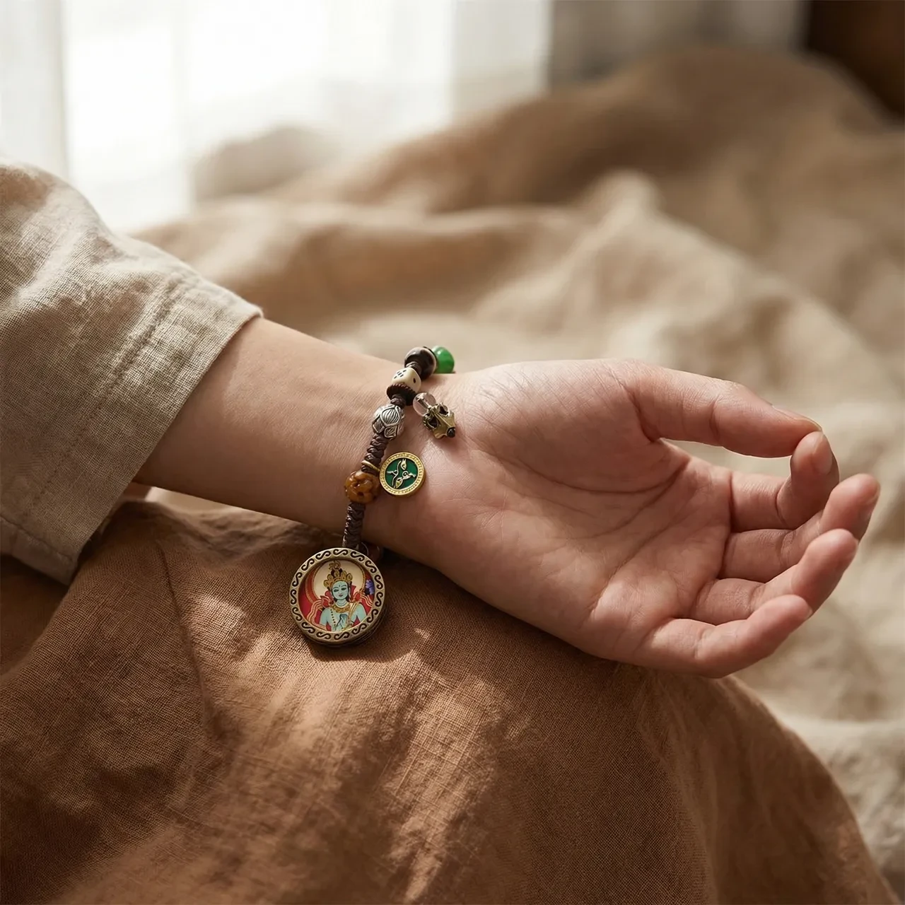 Tibetan Buddhist Handmade Braided Rope Bracelet Green Tara Thangka Amulet Lucky Charm Spiritual Prayer Blessing Jewelry for Men Women - Image 5