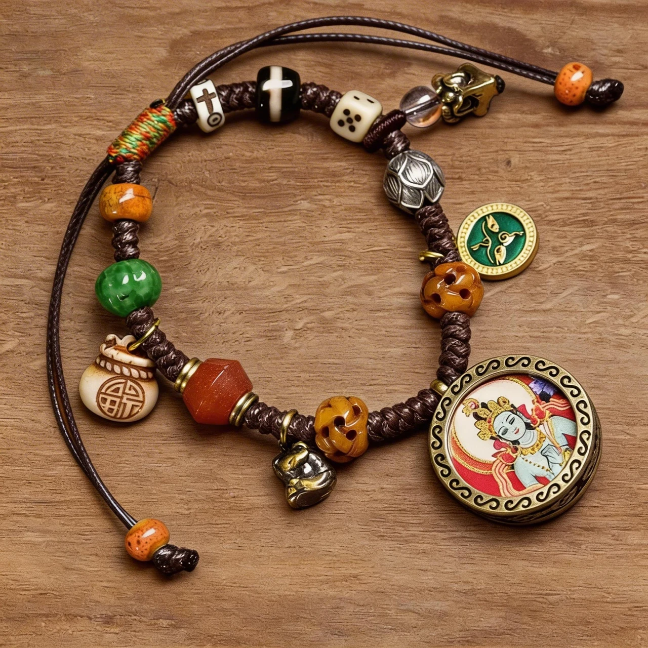 Tibetan Buddhist Handmade Braided Rope Bracelet Green Tara Thangka Amulet Lucky Charm Spiritual Prayer Blessing Jewelry for Men Women