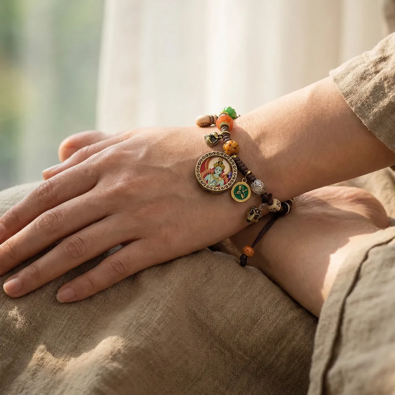 Tibetan Buddhist Handmade Braided Rope Bracelet Green Tara Thangka Amulet Lucky Charm Spiritual Prayer Blessing Jewelry for Men Women - Image 3
