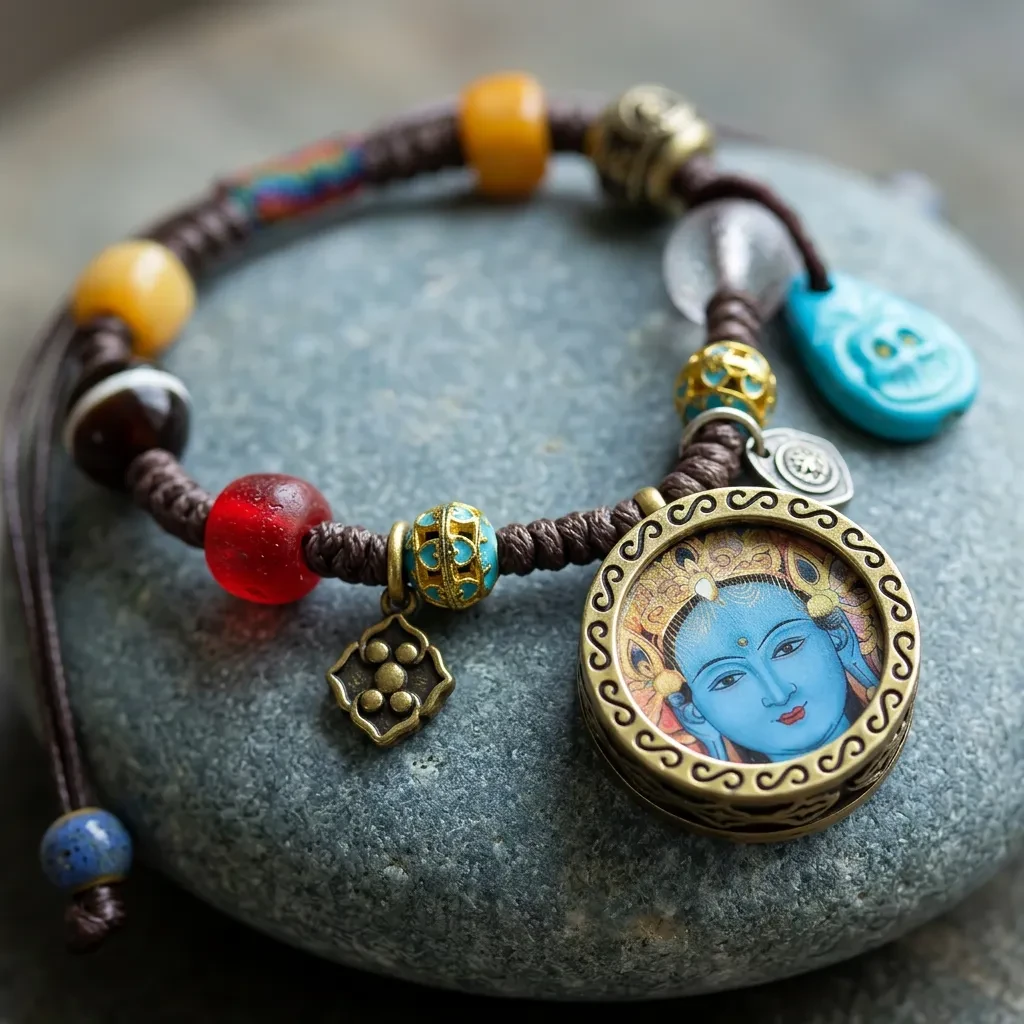 Handmade Tibetan Green Tara Amulet Bracelet Vintage Braided Rope Thangka Pendant Spiritual Prayer Healing Jewelry Adjustable Meditation Wristband - Image 2