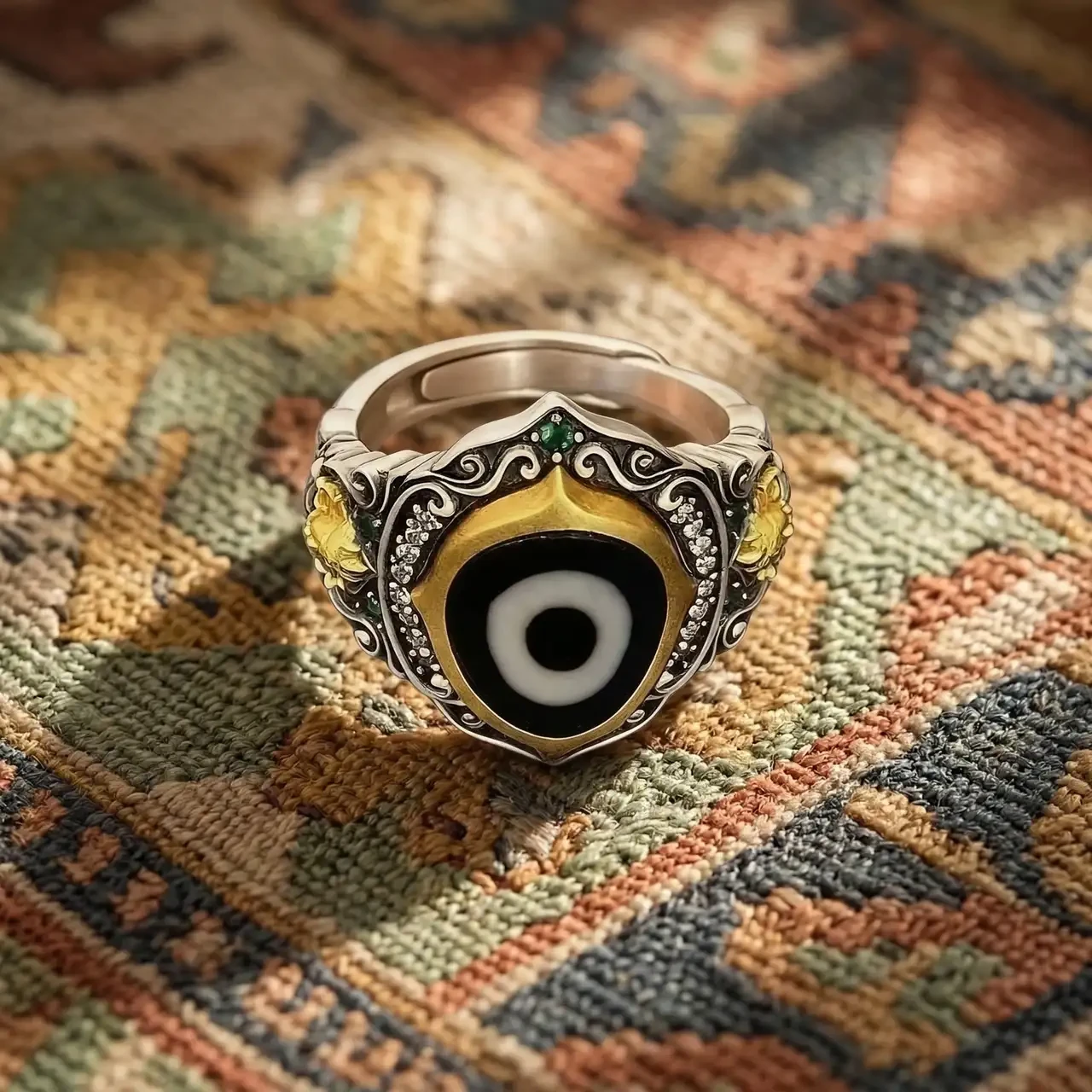 Vintage Tibetan Silver Ring Adjustable Dzi Bead Evil Eye Statement Ring for Women Men Ethnic Boho Jewelry Retro Carved Index Finger Ring with Rhinestones Protection Amulet Gift - Image 5