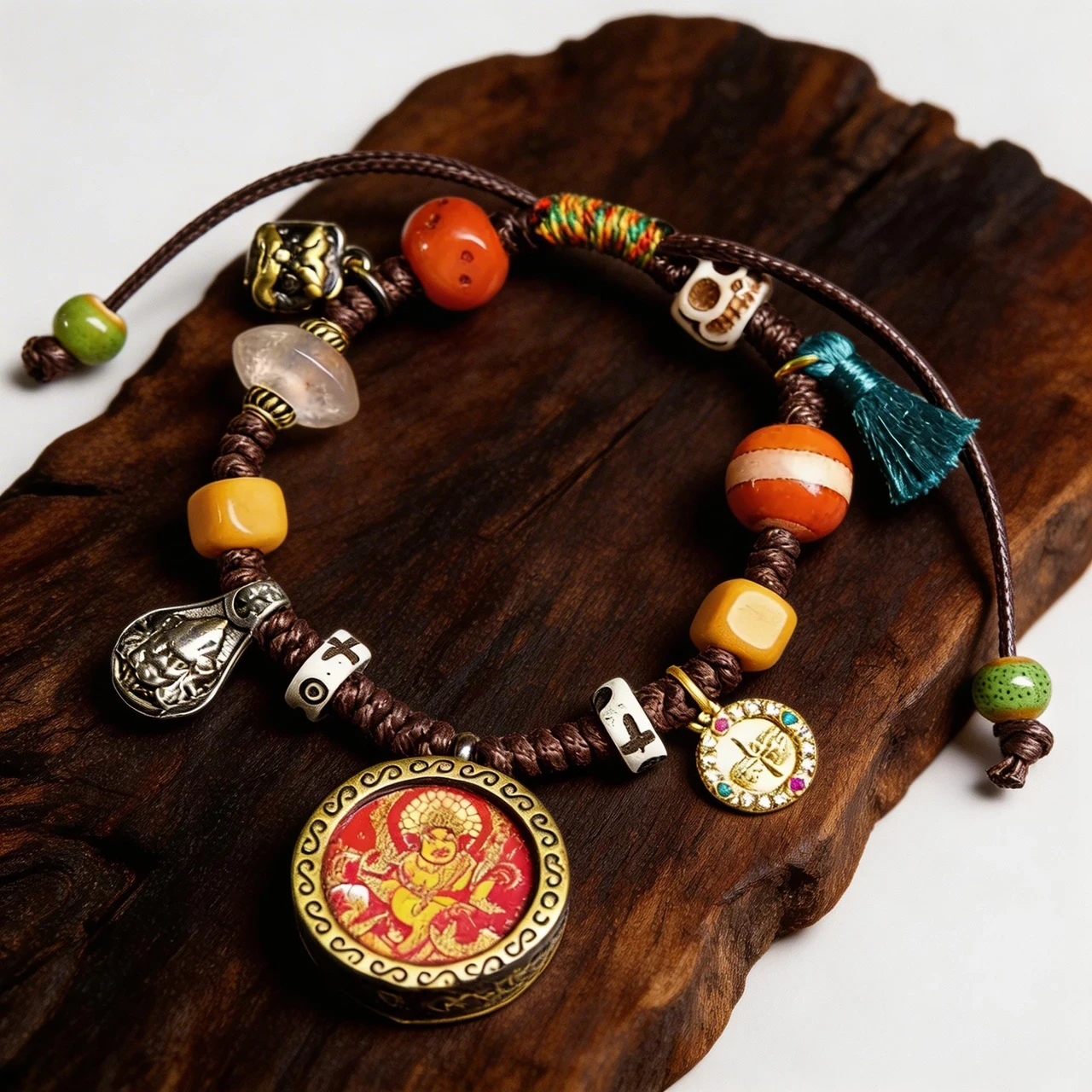 Handmade Tibetan Braided Bracelet with Yellow Jambhala Thangka Amulet, God of Wealth Buddhist Good Luck Charm, Vintage Ethnic Spiritual Meditation Jewelry for Men and Women - Image 4
