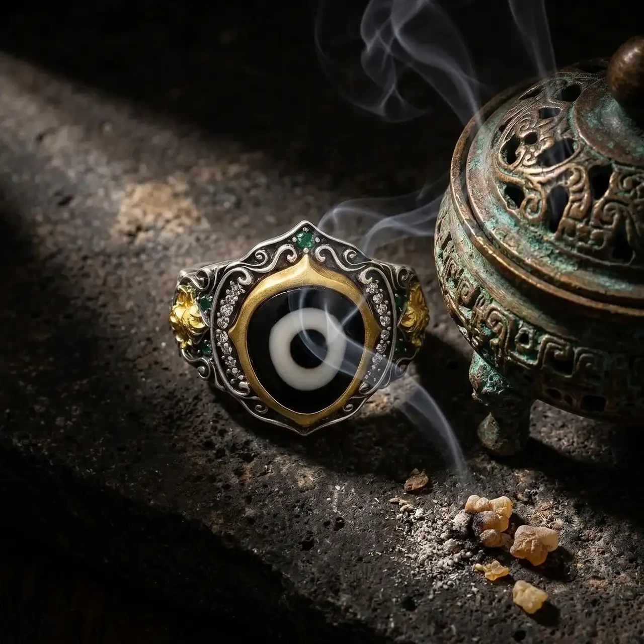 Vintage Tibetan Silver Ring Adjustable Dzi Bead Evil Eye Statement Ring for Women Men Ethnic Boho Jewelry Retro Carved Index Finger Ring with Rhinestones Protection Amulet Gift - Image 4