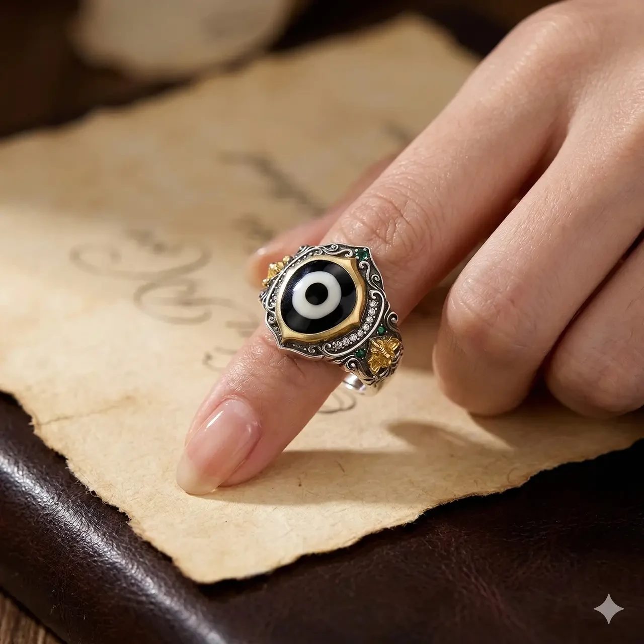 Vintage Tibetan Silver Ring Adjustable Dzi Bead Evil Eye Statement Ring for Women Men Ethnic Boho Jewelry Retro Carved Index Finger Ring with Rhinestones Protection Amulet Gift - Image 3