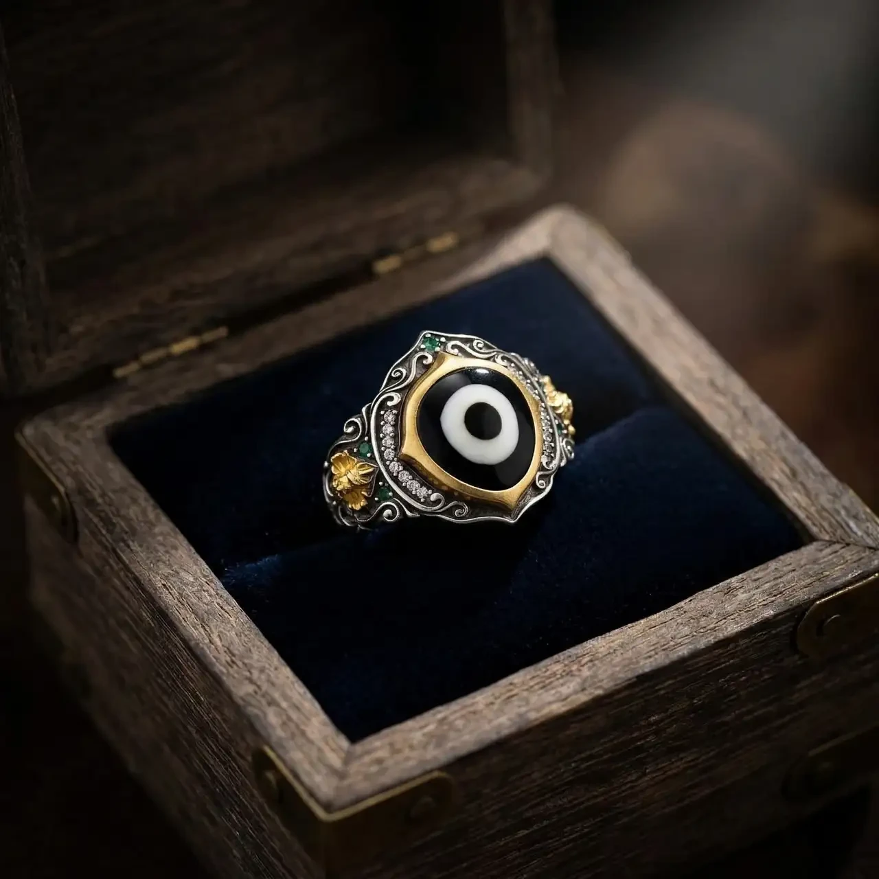 Vintage Tibetan Silver Ring Adjustable Dzi Bead Evil Eye Statement Ring for Women Men Ethnic Boho Jewelry Retro Carved Index Finger Ring with Rhinestones Protection Amulet Gift - Image 2