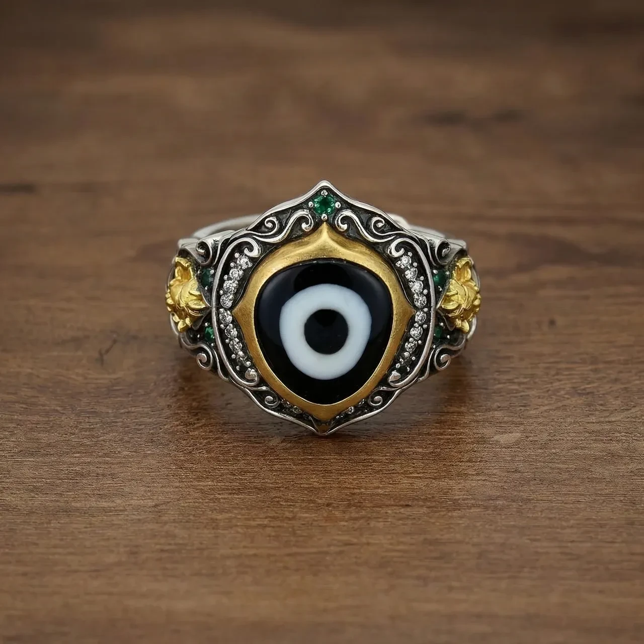 Vintage Tibetan Silver Ring Adjustable Dzi Bead Evil Eye Statement Ring for Women Men Ethnic Boho Jewelry Retro Carved Index Finger Ring with Rhinestones Protection Amulet Gift