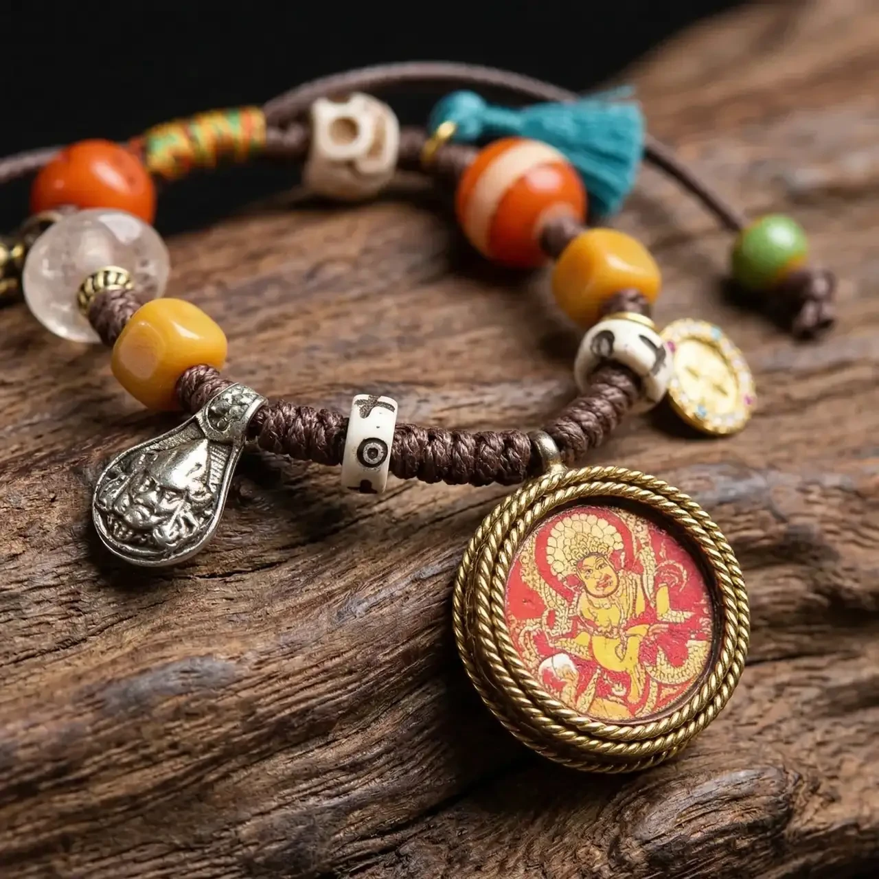 Handmade Tibetan Braided Bracelet with Yellow Jambhala Thangka Amulet, God of Wealth Buddhist Good Luck Charm, Vintage Ethnic Spiritual Meditation Jewelry for Men and Women - Image 3