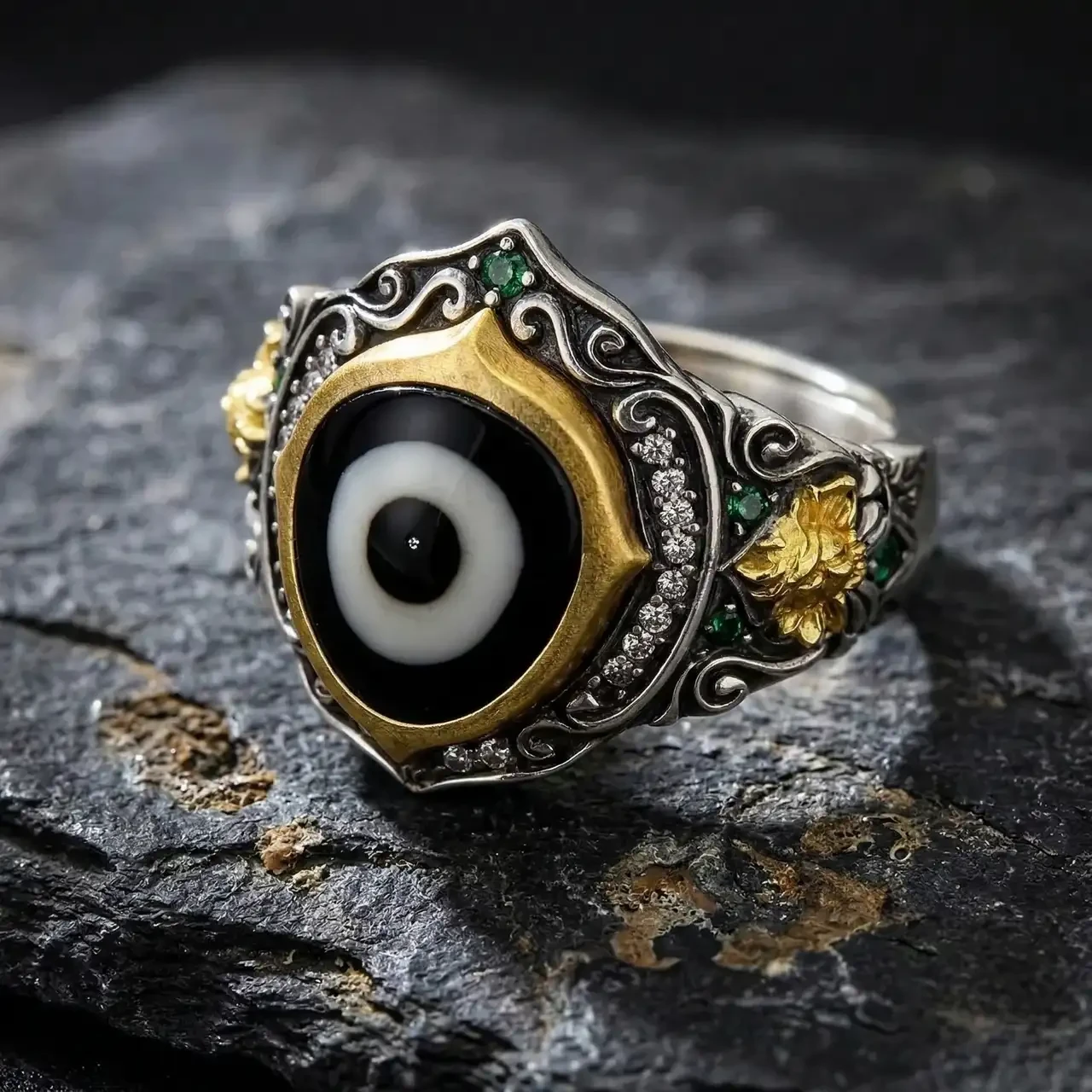 Vintage Tibetan Silver Ring Adjustable Dzi Bead Evil Eye Statement Ring for Women Men Ethnic Boho Jewelry Retro Carved Index Finger Ring with Rhinestones Protection Amulet Gift - Image 6