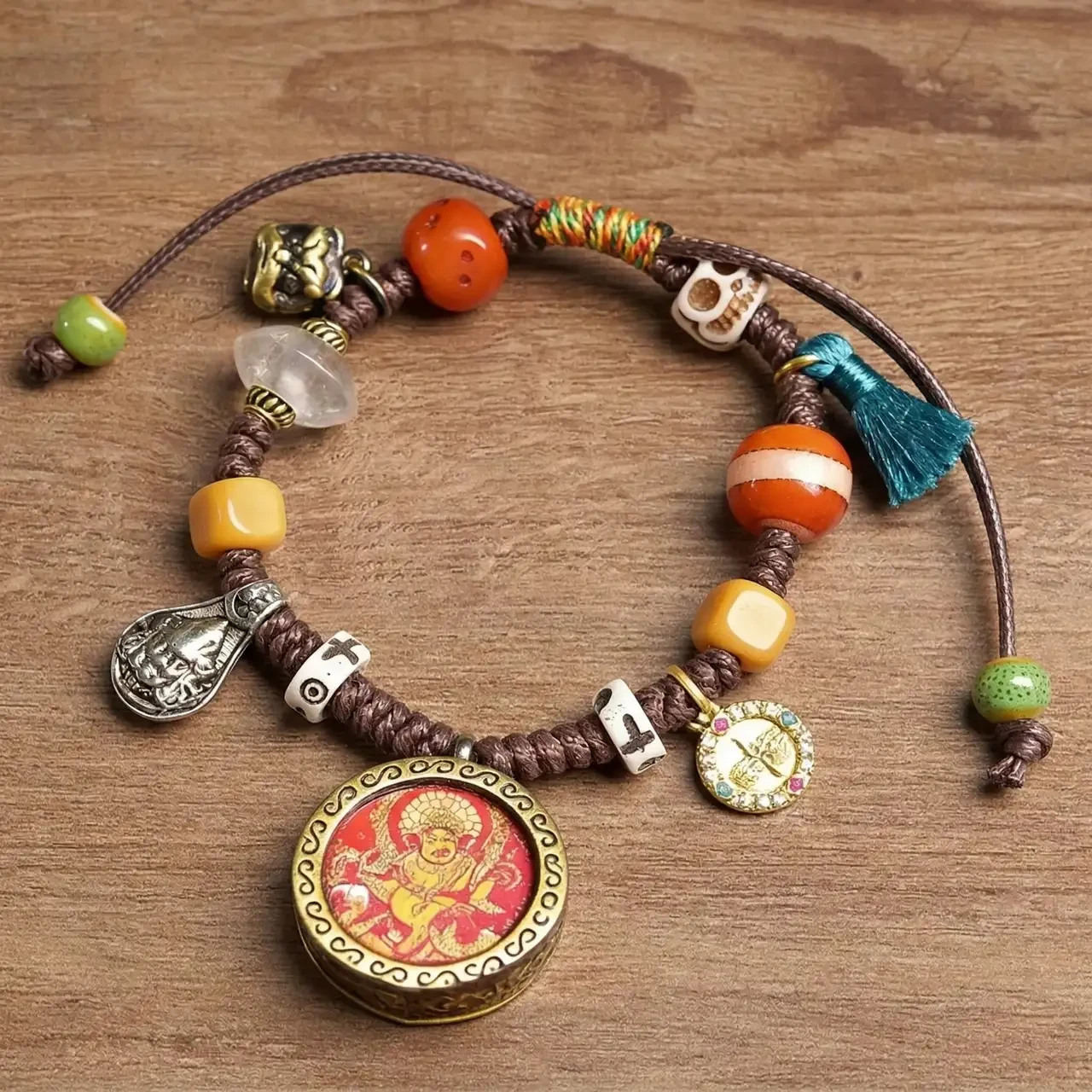 Handmade Tibetan Braided Bracelet with Yellow Jambhala Thangka Amulet, God of Wealth Buddhist Good Luck Charm, Vintage Ethnic Spiritual Meditation Jewelry for Men and Women