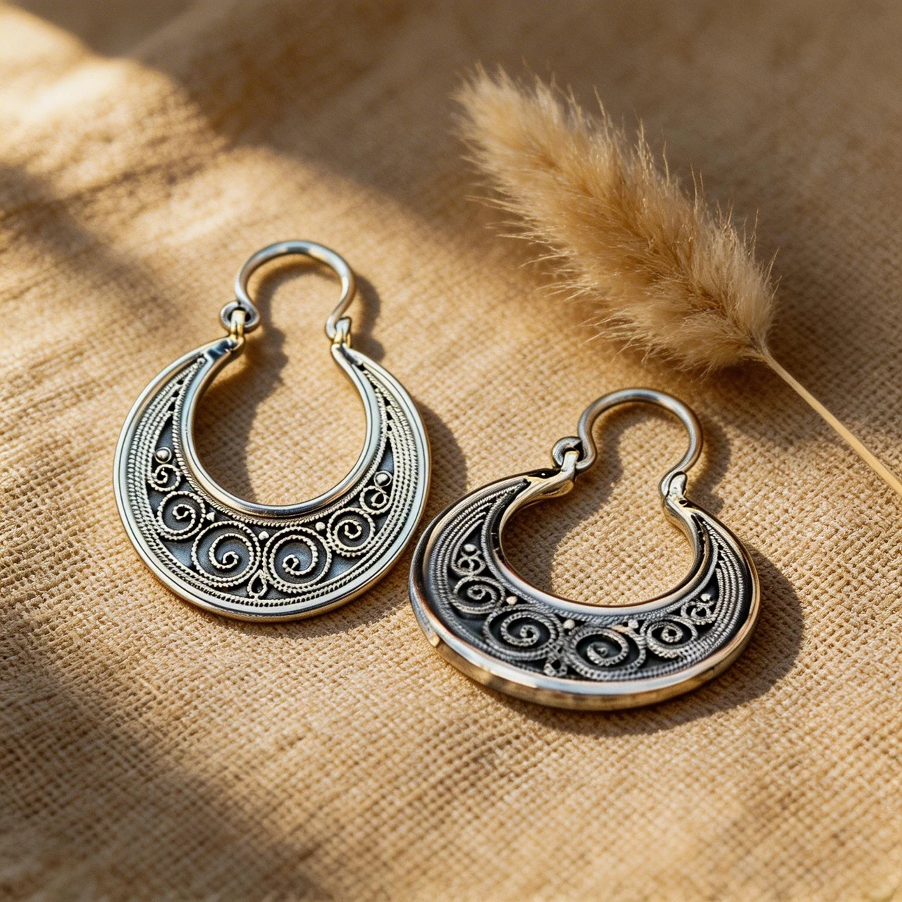 Vintage Tibetan Silver Hoop Earrings for Women, Bohemian Gypsy Crescent Filigree Hollow Swirl Dangle Drop Jewelry, Antique Ethnic Statement Accessories - Image 2