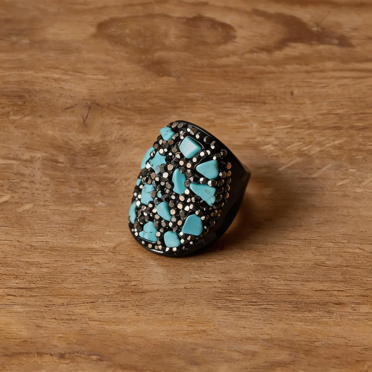 Vintage Chunky Turquoise Ring for Women Handmade Natural Raw Stone Statement Ring with Black Rhinestone Pave Boho Ethnic Jewelry