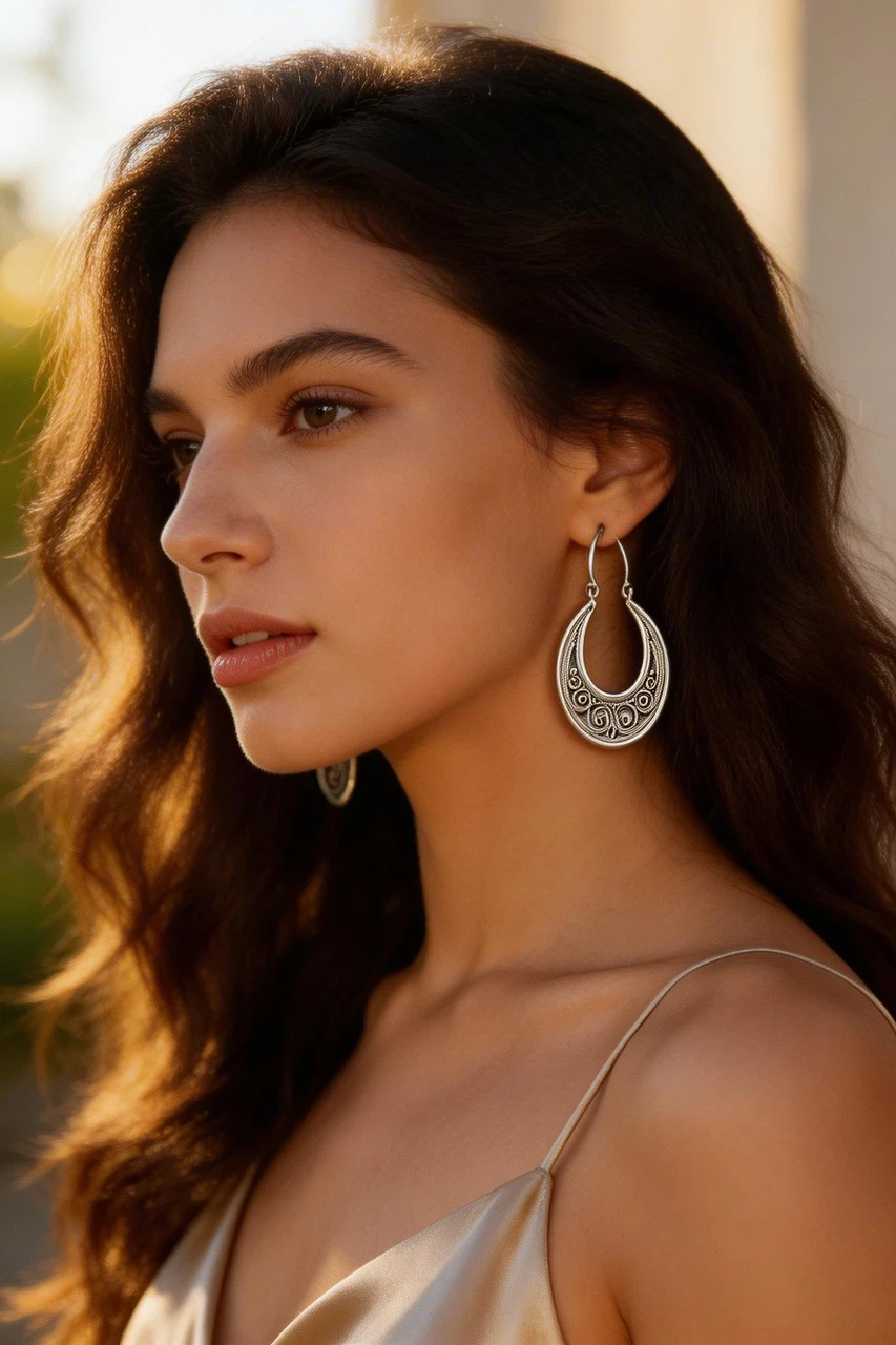 Vintage Tibetan Silver Hoop Earrings for Women, Bohemian Gypsy Crescent Filigree Hollow Swirl Dangle Drop Jewelry, Antique Ethnic Statement Accessories - Image 5