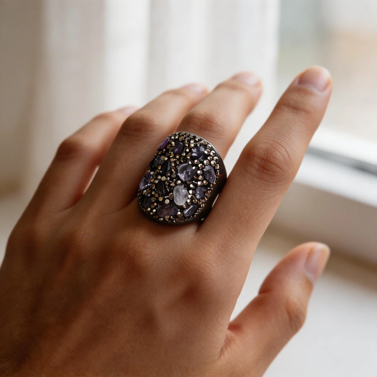 Natural Raw Amethyst Ring for Women, Handmade Chunky Statement Ring with Healing Crystal Gemstone, Vintage Boho Pave Encrusted Jewelry Gift - Image 2