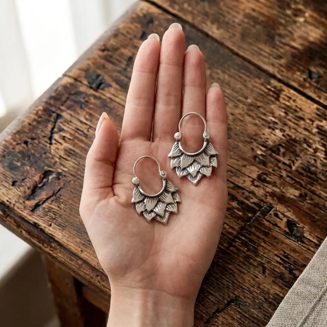 Vintage Tibetan Silver Hoop Earrings for Women Geometric Curved Layered Leaf Drop Dangle Boho Gypsy Tribal Statement Jewelry Antique Metal Finish Hypoallergenic Ear Piercing Accessories - Image 3