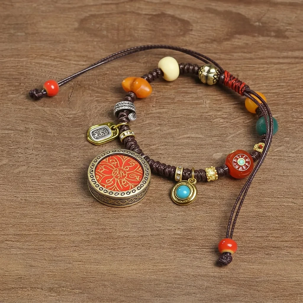 Handmade Tibetan Braided Bracelet for Men Women, Vintage Six-Syllable Mantra Thangka Amulet Charm, Spiritual Meditation Jewelry, Adjustable Lucky Rope with Colorful Beads for Blessing