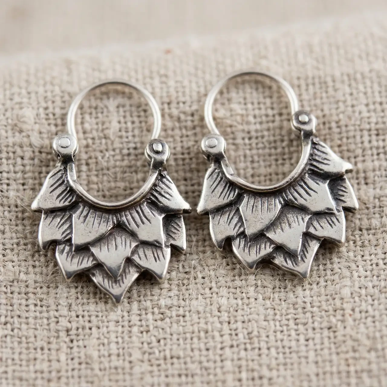 Vintage Tibetan Silver Hoop Earrings for Women Geometric Curved Layered Leaf Drop Dangle Boho Gypsy Tribal Statement Jewelry Antique Metal Finish Hypoallergenic Ear Piercing Accessories - Image 4
