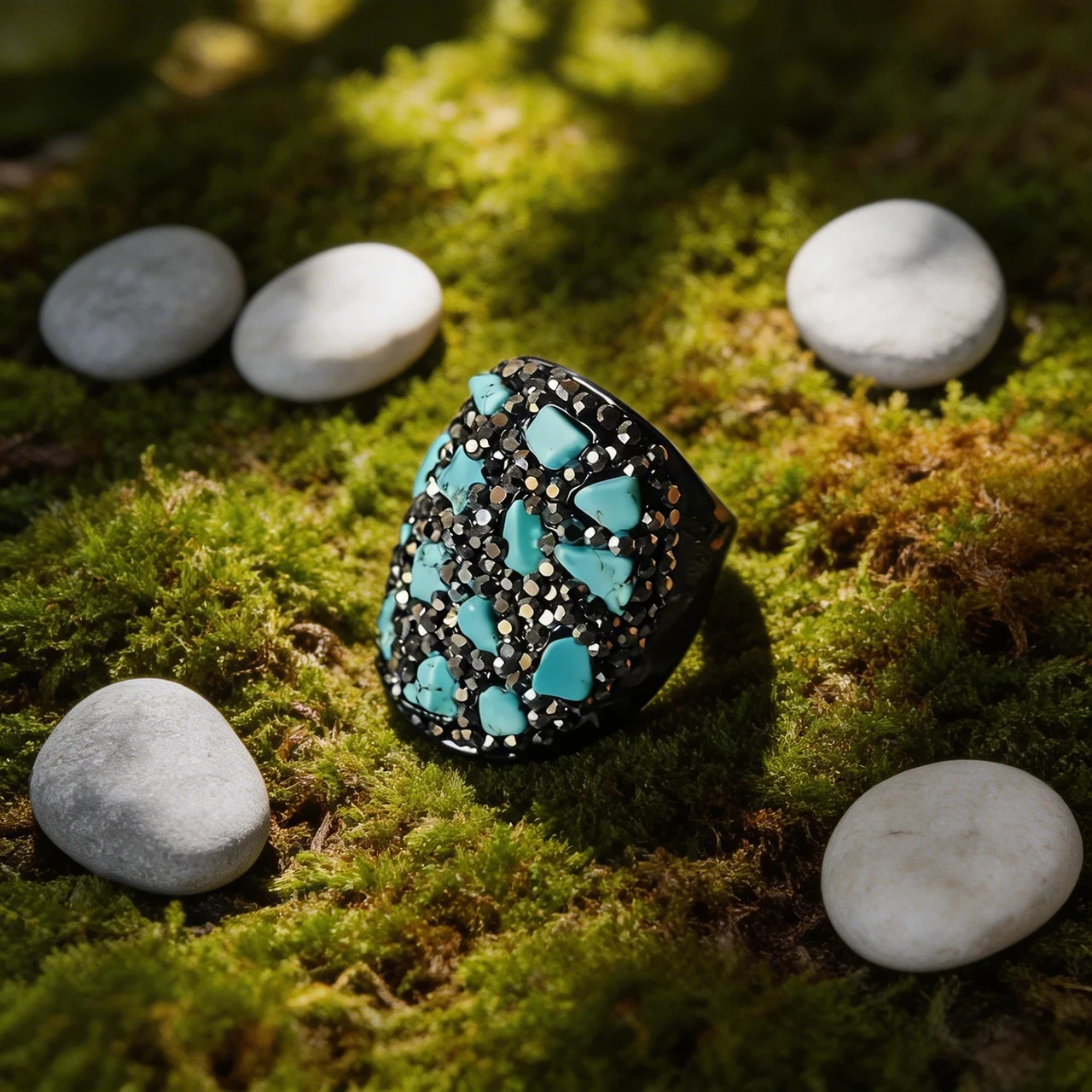 Vintage Chunky Turquoise Ring for Women Handmade Natural Raw Stone Statement Ring with Black Rhinestone Pave Boho Ethnic Jewelry - Image 2