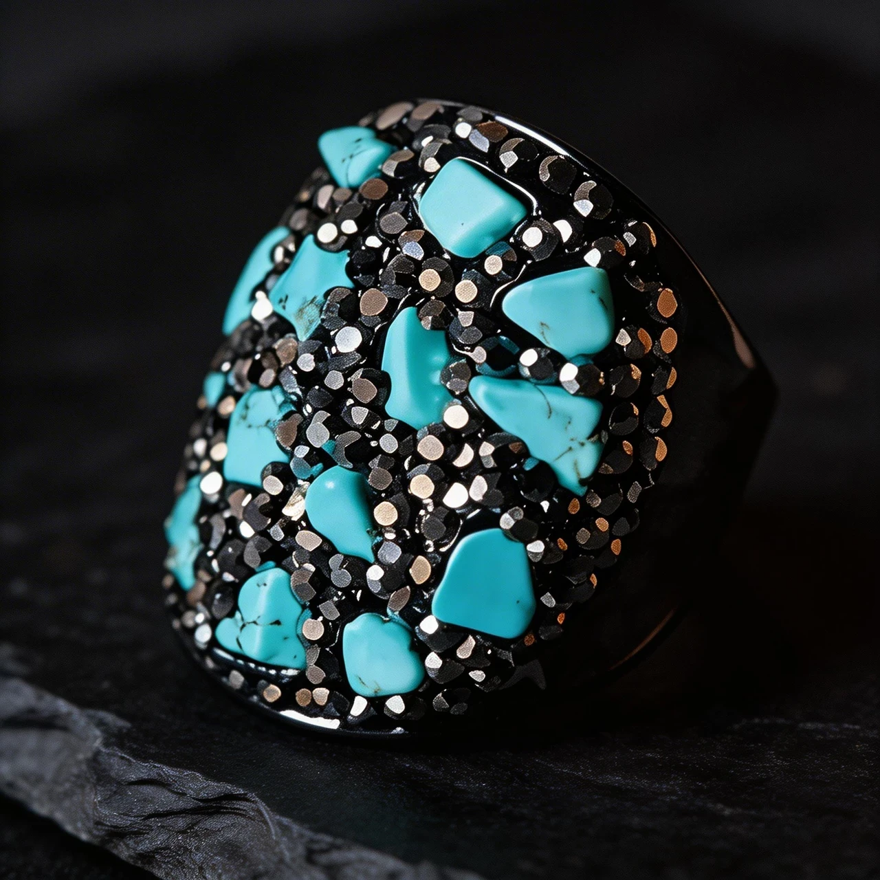 Vintage Chunky Turquoise Ring for Women Handmade Natural Raw Stone Statement Ring with Black Rhinestone Pave Boho Ethnic Jewelry - Image 3
