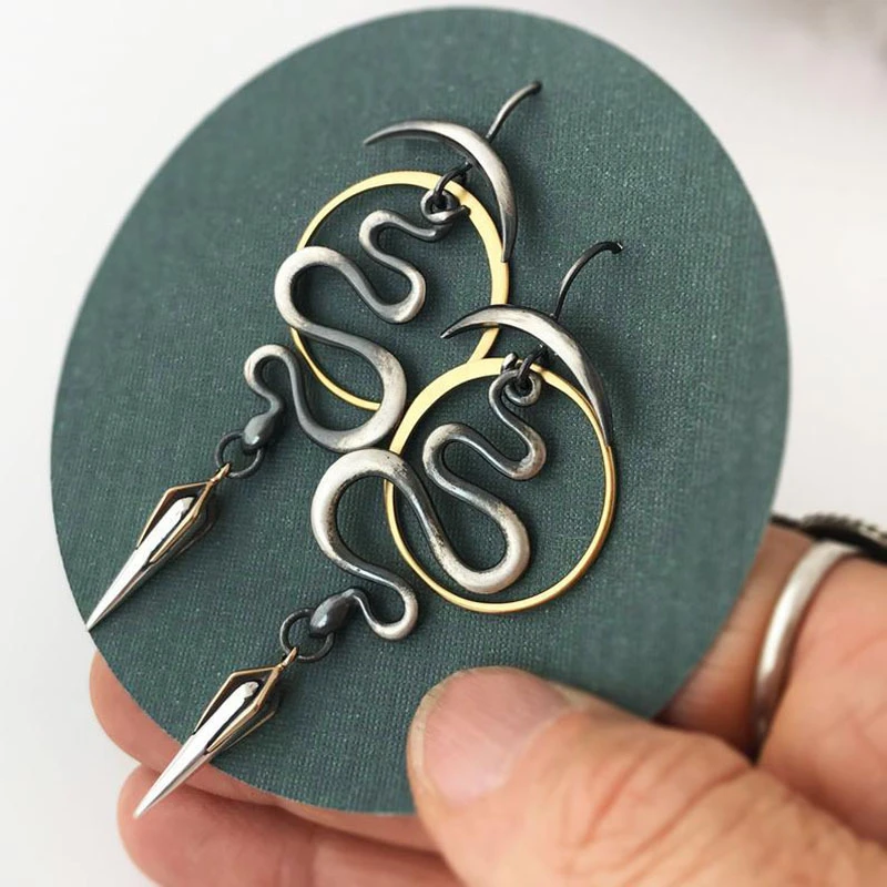 Snake Earrings for Women Vintage Two-Tone Serpent Dangle Drop Earrings Crescent Moon Gothic Jewelry Statement Punk Animal Earrings - Image 3