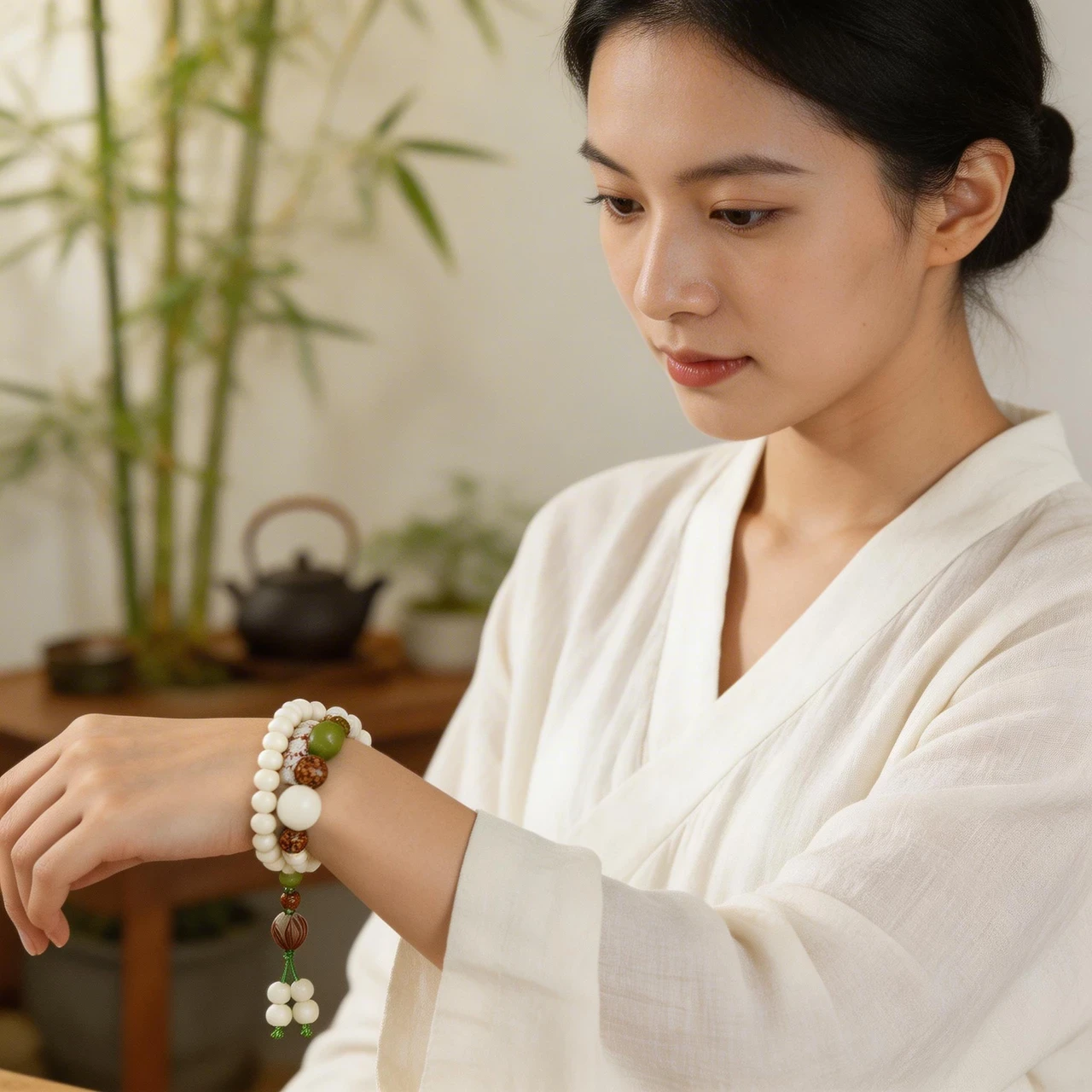 Spirituality & Meditation-108 Natural White Bodhi Seed Mala Bracelet