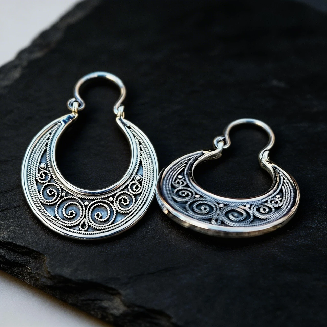 Vintage Tibetan Silver Hoop Earrings for Women, Bohemian Gypsy Crescent Filigree Hollow Swirl Dangle Drop Jewelry, Antique Ethnic Statement Accessories - Image 3