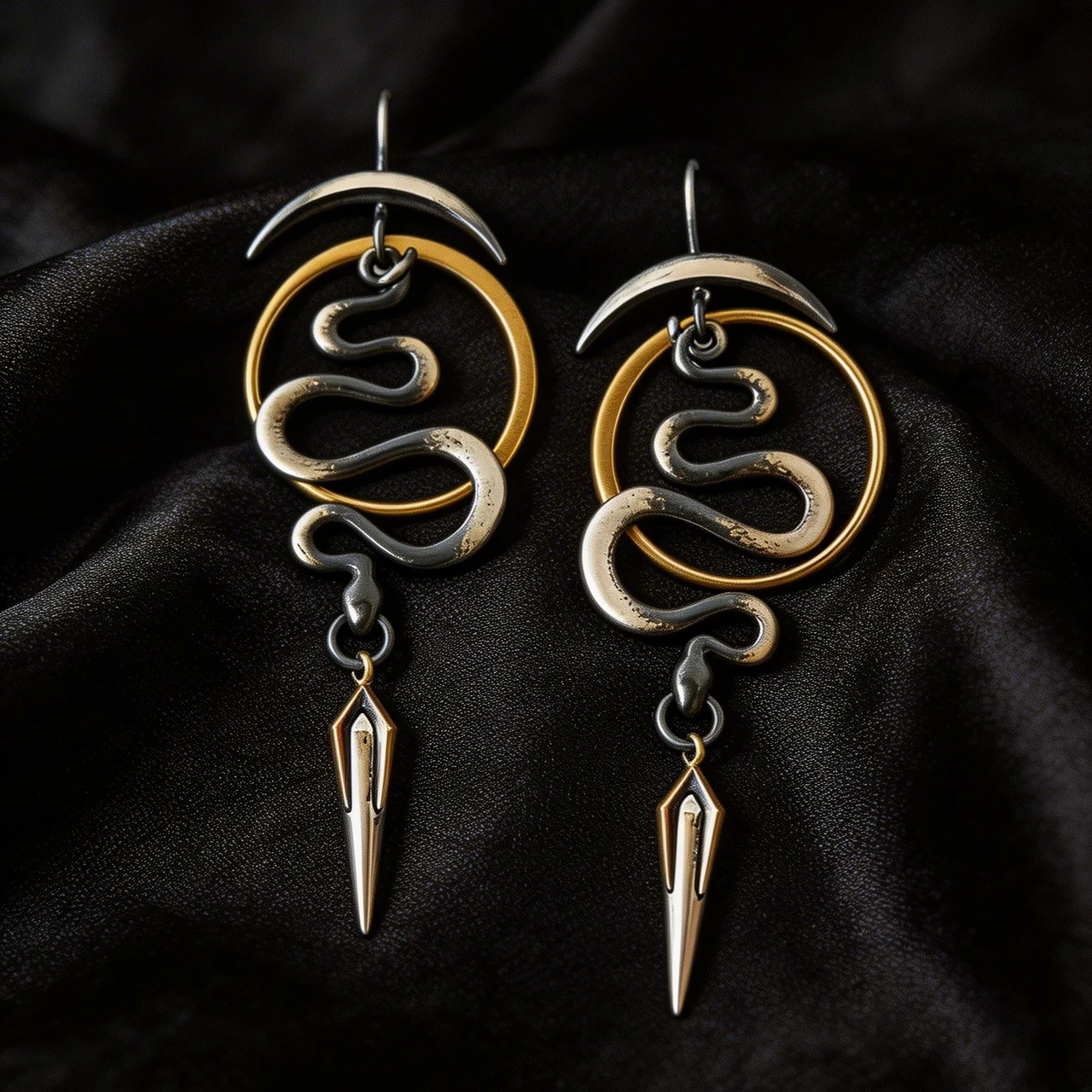 Snake Earrings for Women Vintage Two-Tone Serpent Dangle Drop Earrings Crescent Moon Gothic Jewelry Statement Punk Animal Earrings - Image 2
