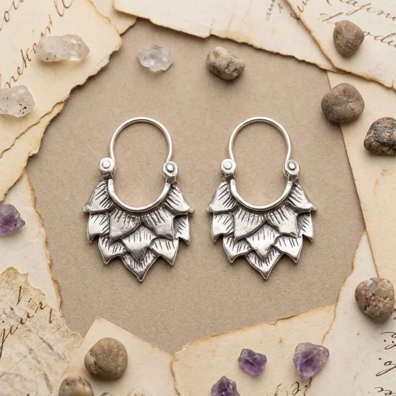Vintage Tibetan Silver Hoop Earrings for Women Geometric Curved Layered Leaf Drop Dangle Boho Gypsy Tribal Statement Jewelry Antique Metal Finish Hypoallergenic Ear Piercing Accessories - Image 2