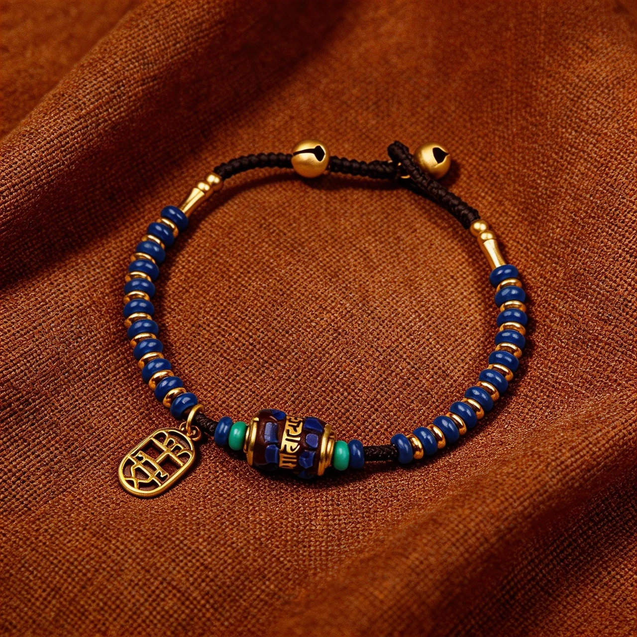 Tibetan Beaded Bracelet for Men Women Handmade Braided Rope Natural Stone Vintage Ethnic Jewelry Buddhist Mantra Amulet Yoga Meditation Wristband with Brass Bell Charm - Image 3