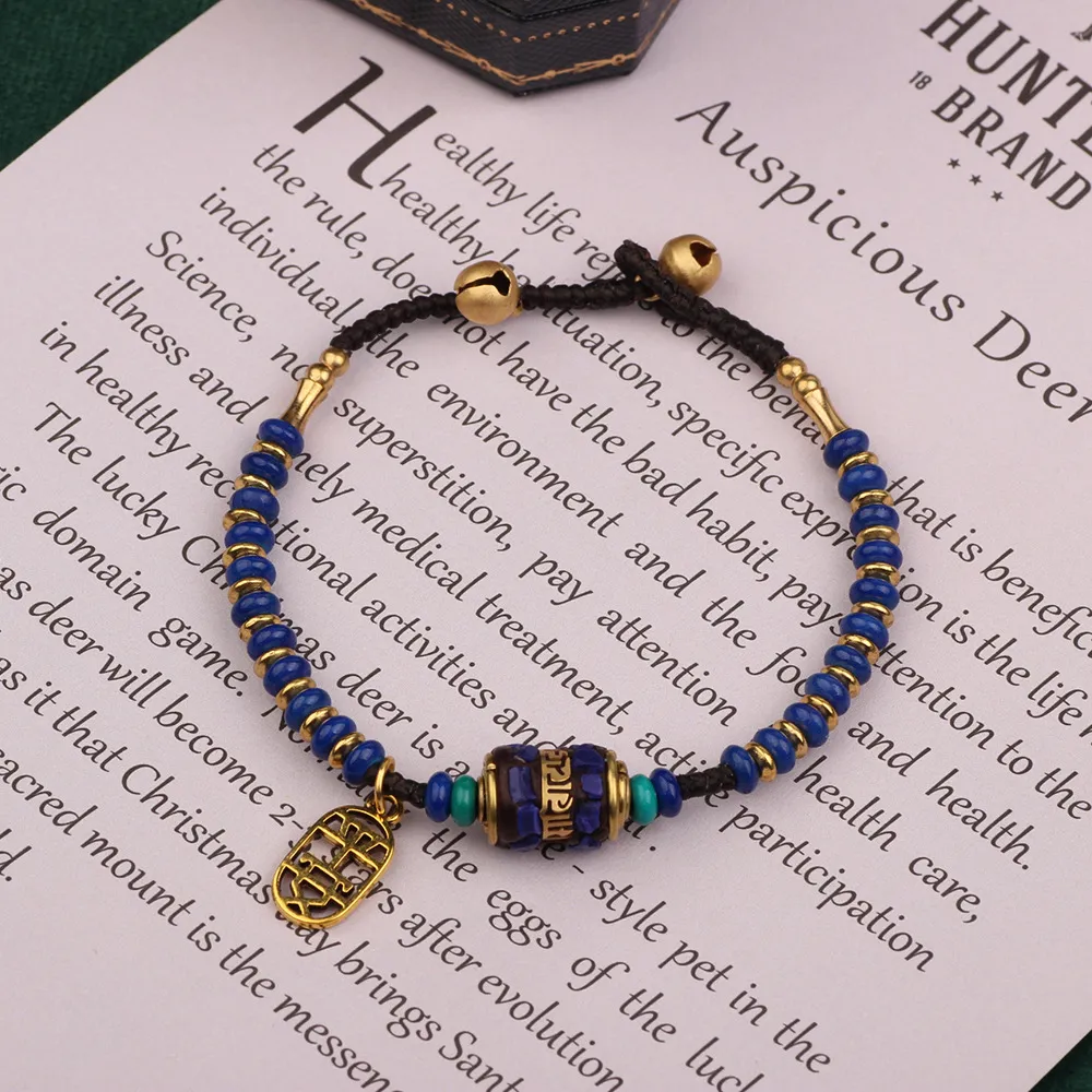 Tibetan Beaded Bracelet for Men Women Handmade Braided Rope Natural Stone Vintage Ethnic Jewelry Buddhist Mantra Amulet Yoga Meditation Wristband with Brass Bell Charm - Image 2