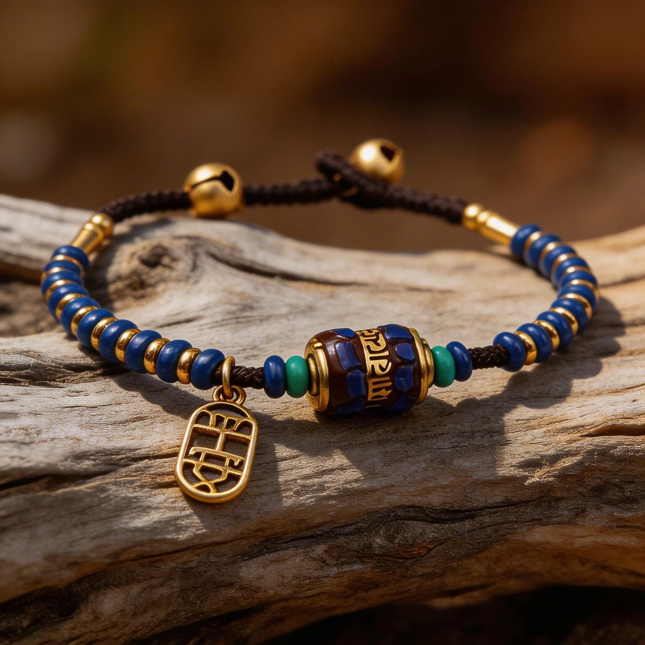 Tibetan Beaded Bracelet for Men Women Handmade Braided Rope Natural Stone Vintage Ethnic Jewelry Buddhist Mantra Amulet Yoga Meditation Wristband with Brass Bell Charm - Image 4